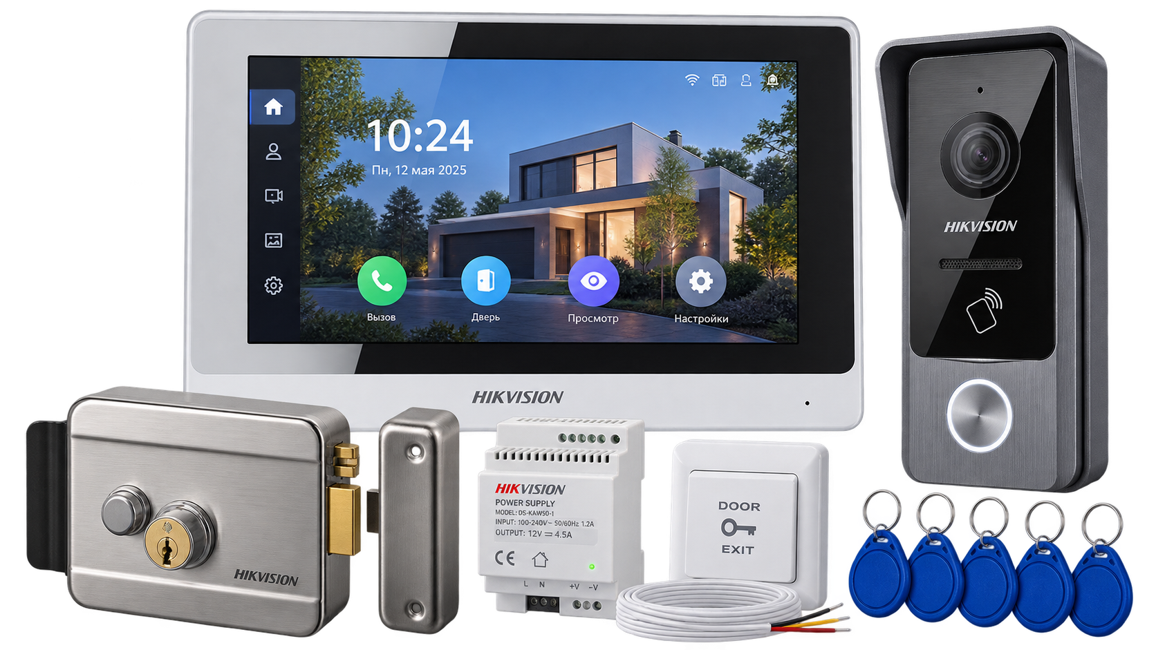 Комплект видеодомофона Hikvision с монитором, вызывной панелью и электрозамком для установки в Шымкенте